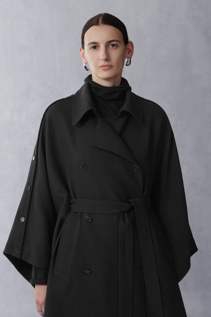Aggripine Cape Style Trench Coat in Lightweight Merino Twill - Image 2