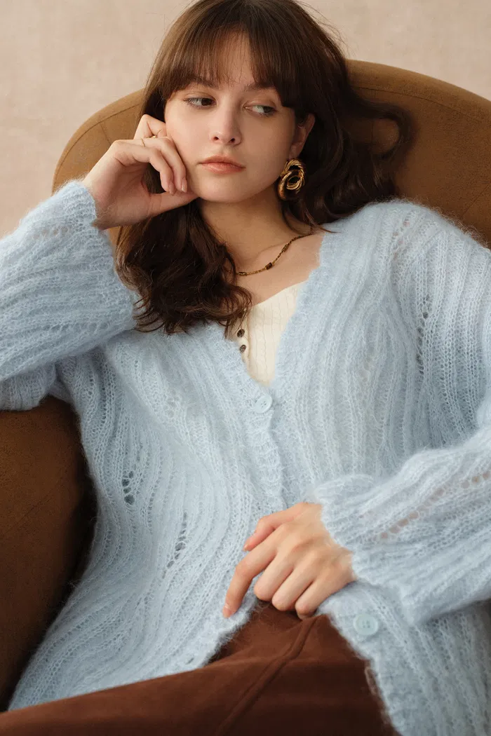 Aki Scalloped Neckline Sheer Cardigan in Lightweight Cable Mohair Knit - Image 2