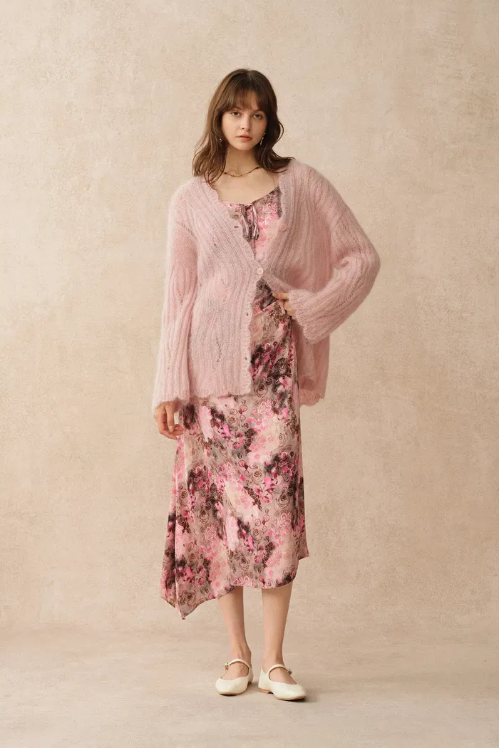 Aki Scalloped Neckline Sheer Cardigan in Lightweight Cable Mohair Knit - Image 3