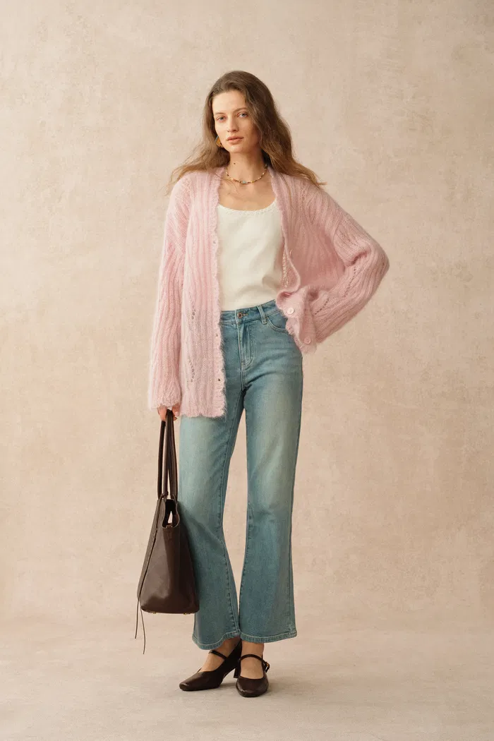 Aki Scalloped Neckline Sheer Cardigan in Lightweight Cable Mohair Knit - Image 4