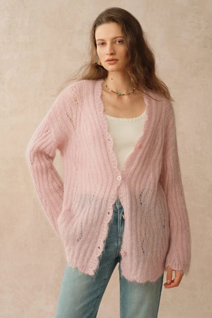 Aki Scalloped Neckline Sheer Cardigan in Lightweight Cable Mohair Knit - Image 5