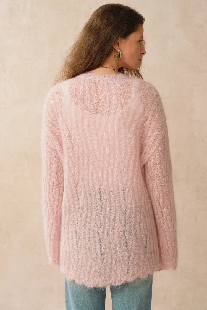 Aki Scalloped Neckline Sheer Cardigan in Lightweight Cable Mohair Knit - Image 6