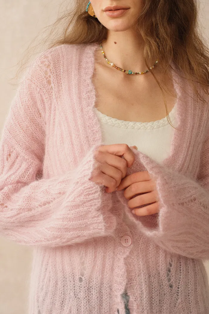 Aki Scalloped Neckline Sheer Cardigan in Lightweight Cable Mohair Knit - Image 7