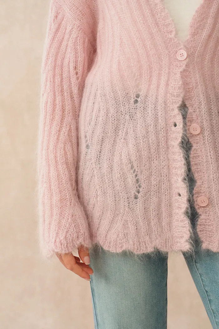 Aki Scalloped Neckline Sheer Cardigan in Lightweight Cable Mohair Knit - Image 8