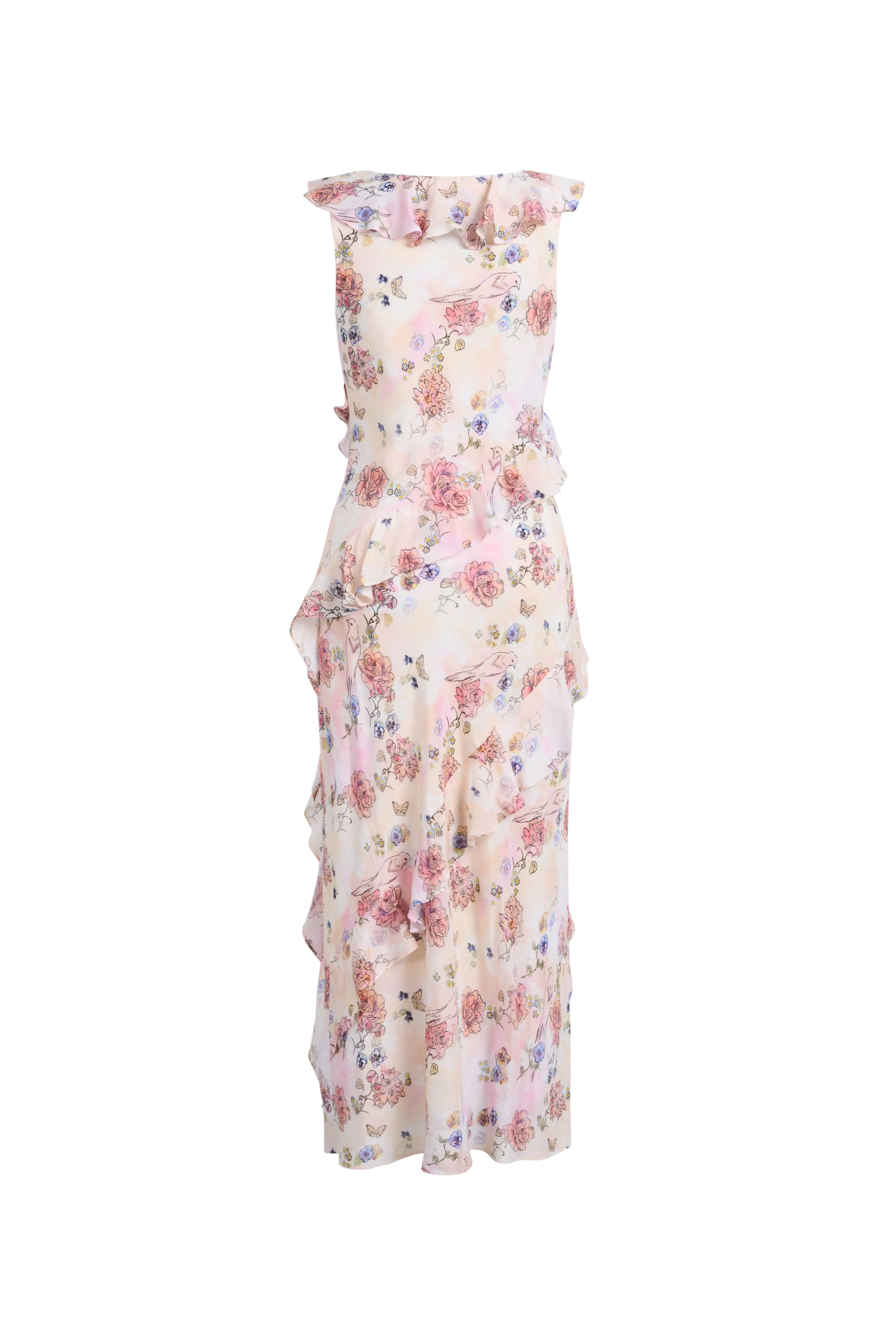Alice Handpainted Floral Bias Cut Ruffed Sleeveless Dress in Crinkle Gauze - Image 7
