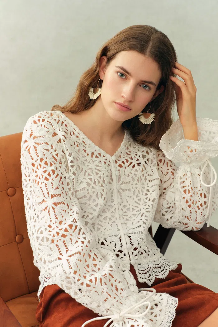 Amara Openwork V neck Cardigan in Cotton Yarn - Image 3
