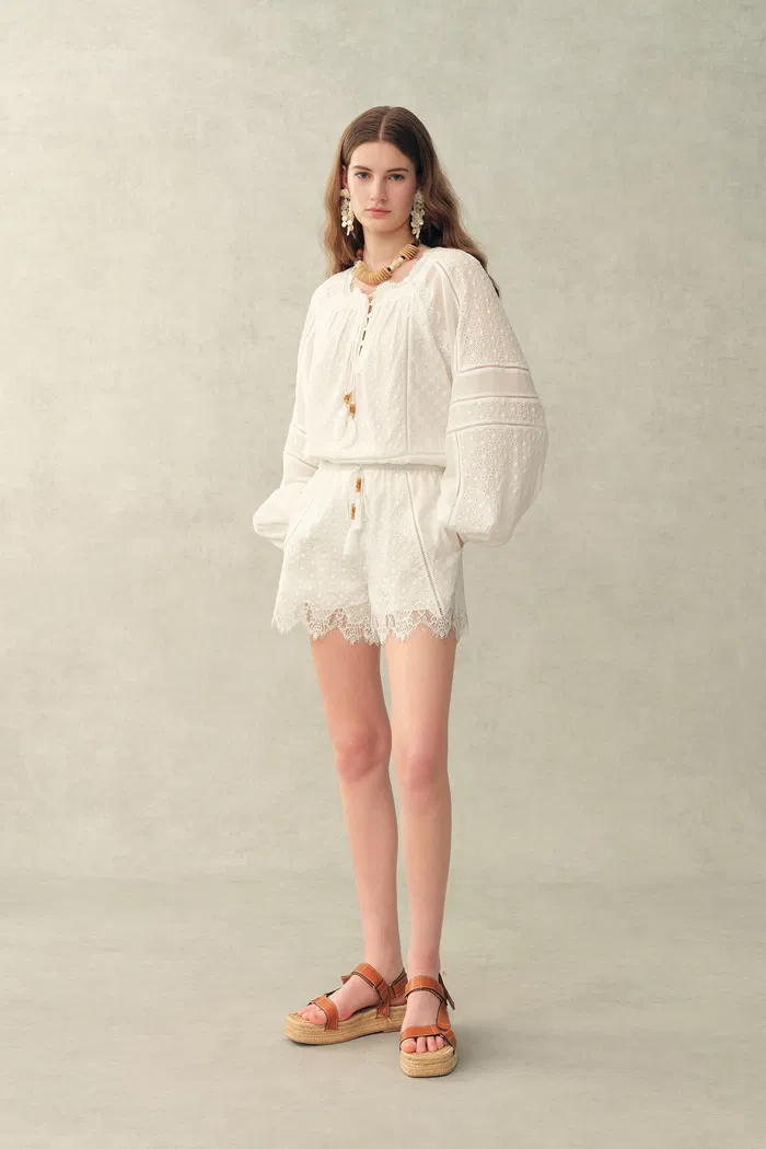 Amaya Puff-Sleeve Long Sleeve Top and Shorts Set in Lace - Image 2