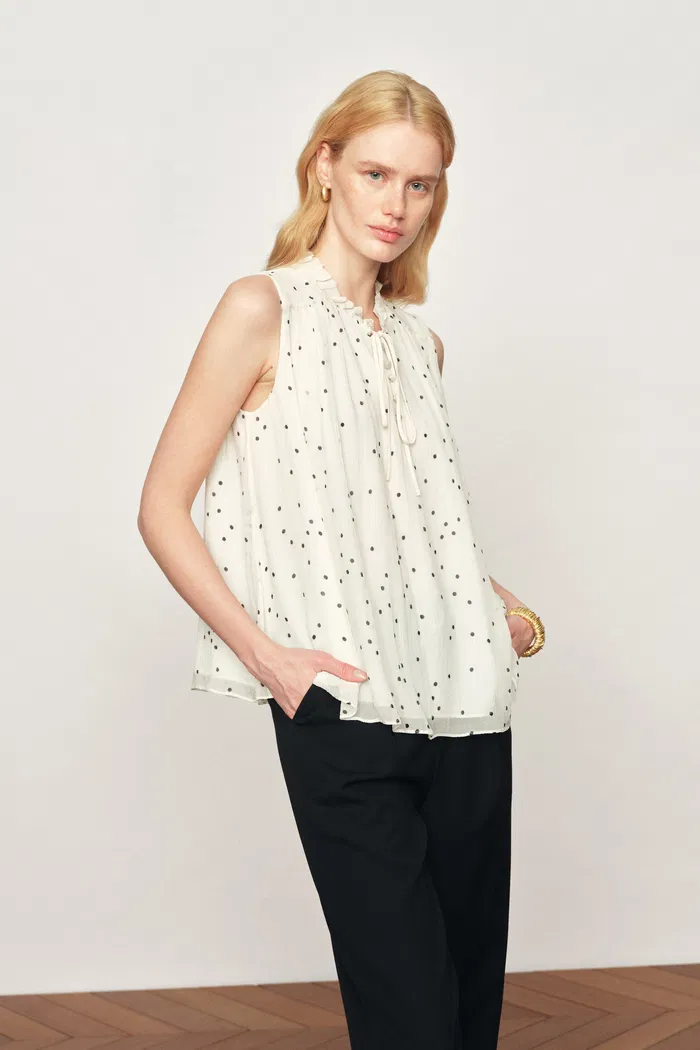 Anaïs Polka Dot Pleated Sleeveless Blouse in Silk Georgette - Image 2