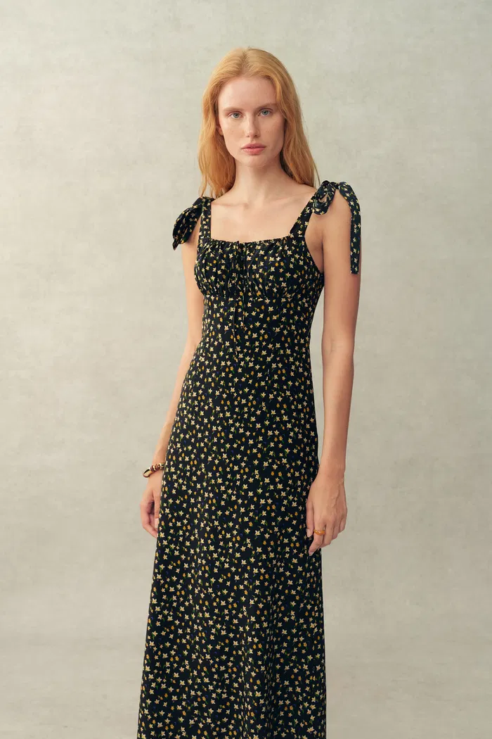 Anais Tie Strap Hand Painted Peony Maxi Dress in Stretch Silk Crepe de Chine - Image 3
