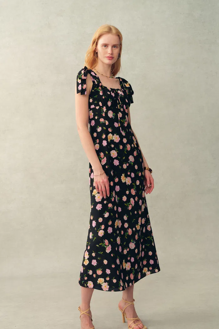 Anais Tie Strap Peony Hand Painted Floral Dress in Stretch Silk Crepe de Chine - Image 3