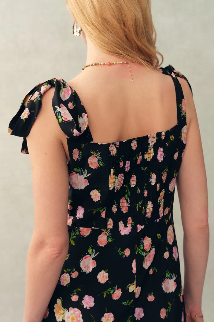 Anais Tie Strap Peony Hand Painted Floral Dress in Stretch Silk Crepe de Chine - Image 4