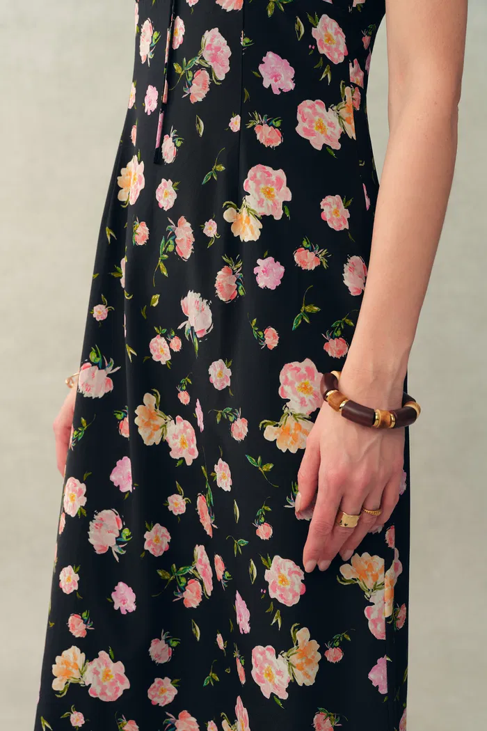 Anais Tie Strap Peony Hand Painted Floral Dress in Stretch Silk Crepe de Chine - Image 5