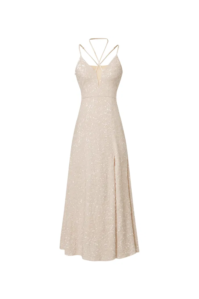 Anita Handcrafted Embellishment Slit Slip Dress in Crystal Sequin Lace - Image 10