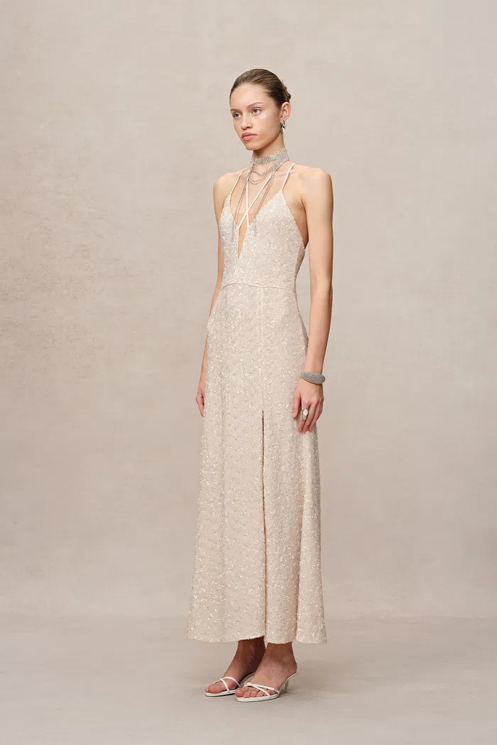 Anita Handcrafted Embellishment Slit Slip Dress in Crystal Sequin Lace - Image 4