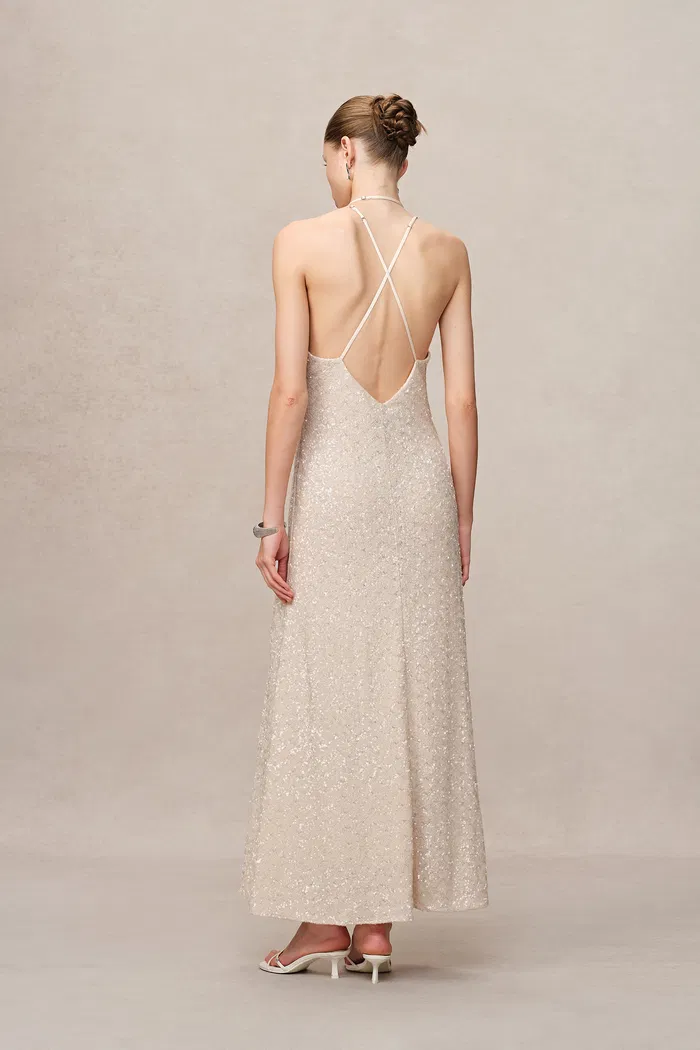 Anita Handcrafted Embellishment Slit Slip Dress in Crystal Sequin Lace - Image 5