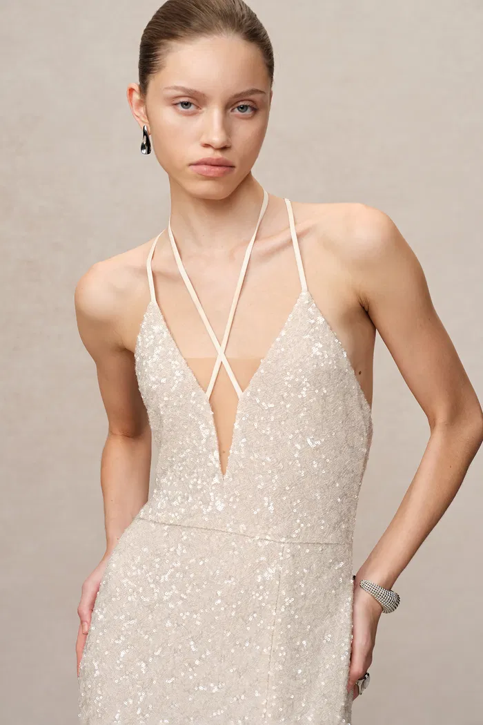 Anita Handcrafted Embellishment Slit Slip Dress in Crystal Sequin Lace - Image 6