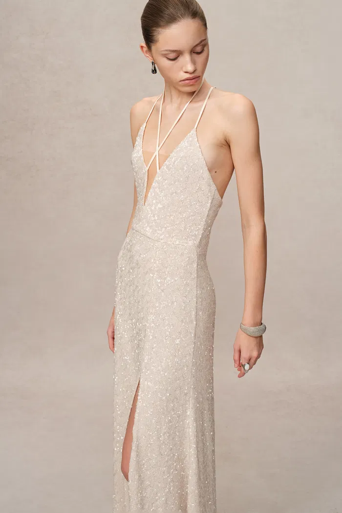 Anita Handcrafted Embellishment Slit Slip Dress in Crystal Sequin Lace - Image 7