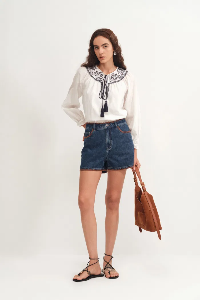 Anja Hand Embroidered Shorts in Cotton Denim - Image 2