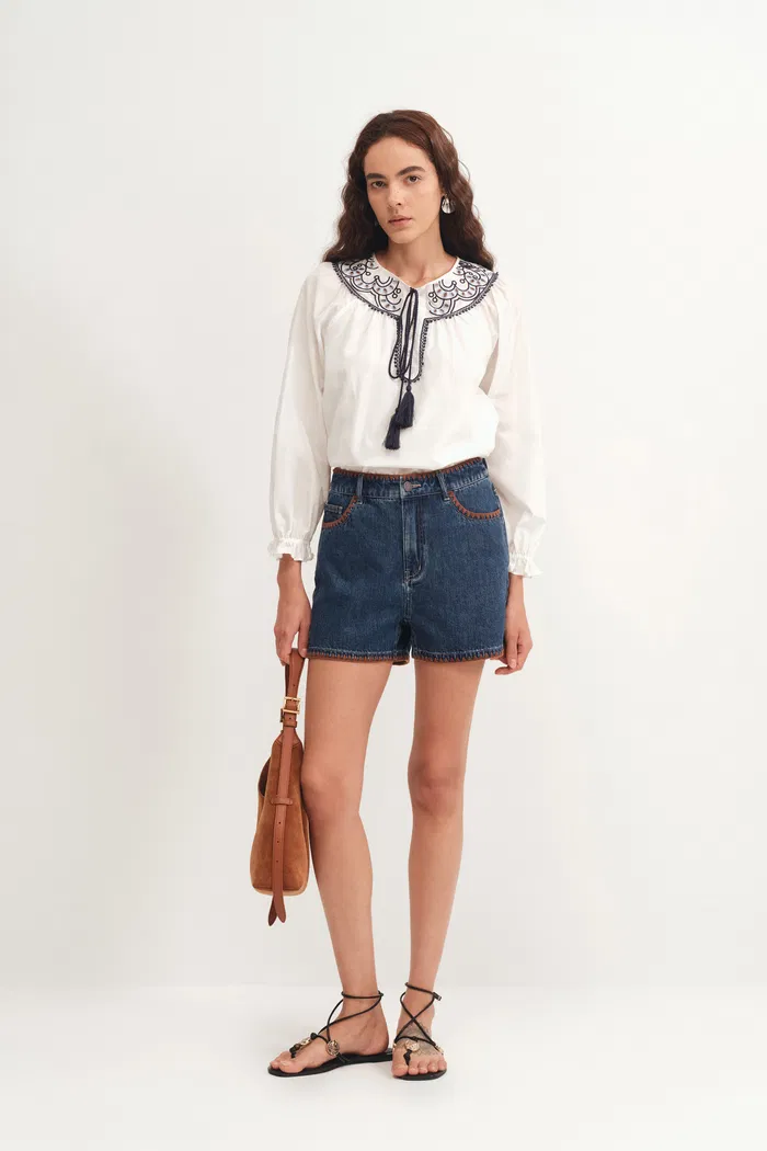 Anja Hand Embroidered Shorts in Cotton Denim - Image 3