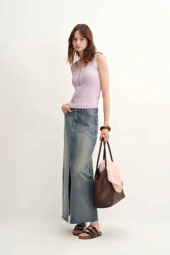 Anna Pink Henley Tank Top in Merino Wool with Stretch - Image 3