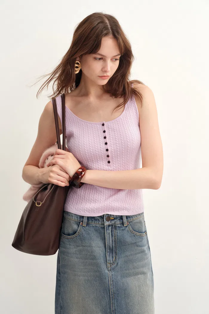 Anna Pink Henley Tank Top in Merino Wool with Stretch - Image 4