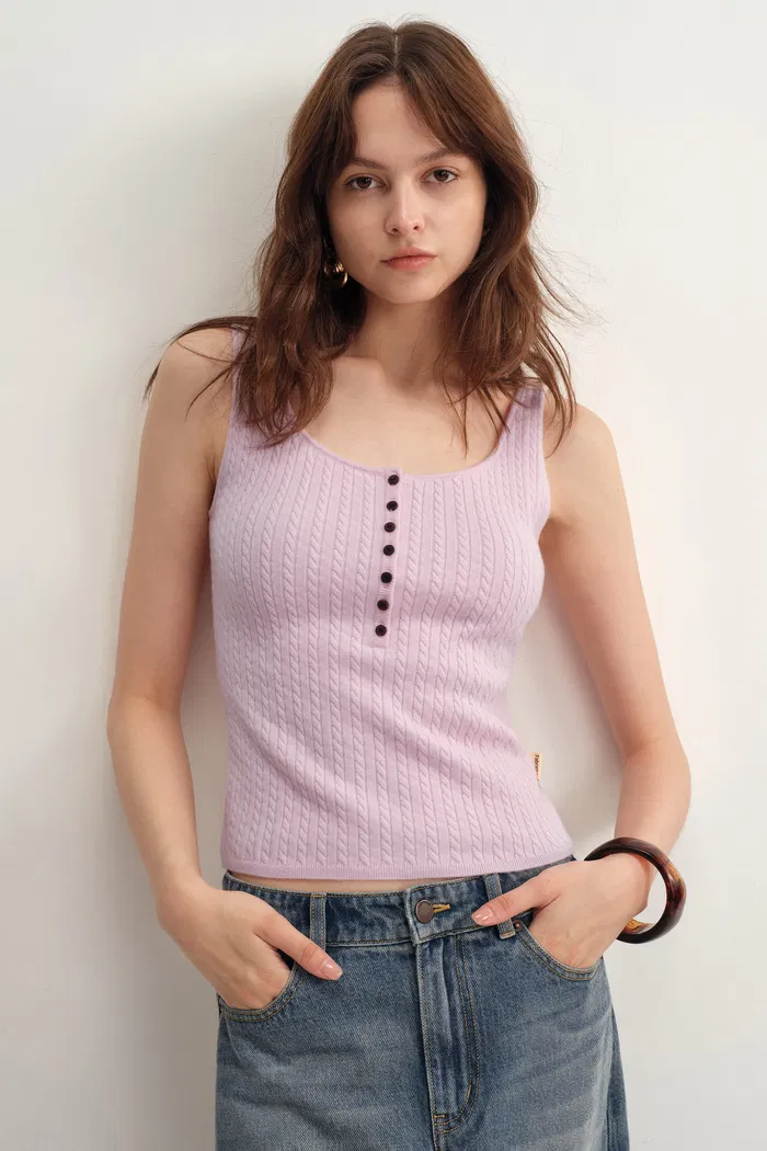 Anna Pink Henley Tank Top in Merino Wool with Stretch - Image 5