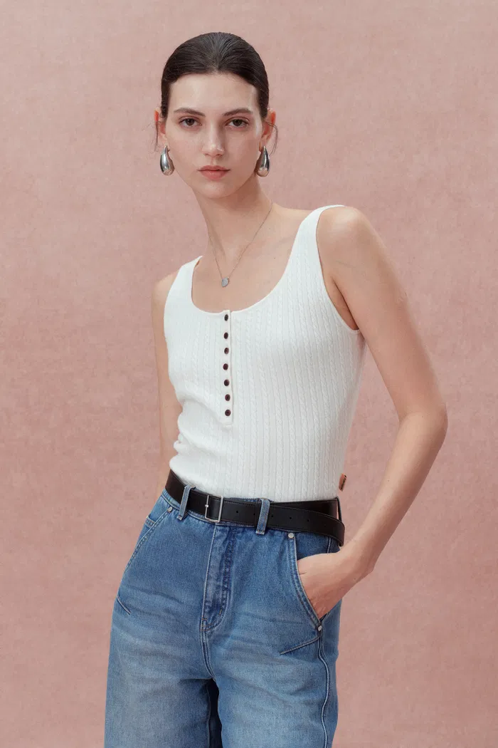 Anna White Henley Tank Top in Merino Wool with Stretch - Image 5