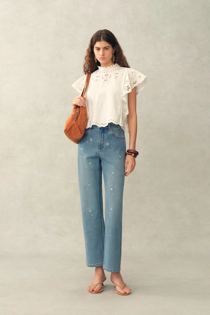 Annette Embroidered Crystal Embellished Dandelion Cropped Straight Leg Jeans in Stretch Cotton Denim - Image 2