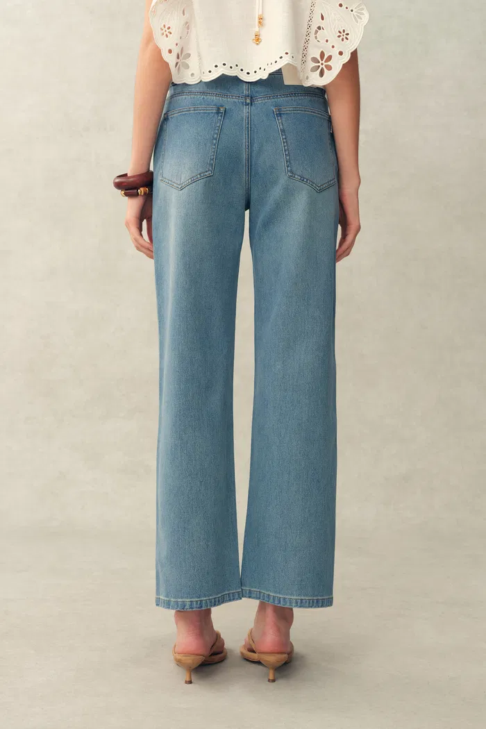 Annette Embroidered Crystal Embellished Dandelion Cropped Straight Leg Jeans in Stretch Cotton Denim - Image 3