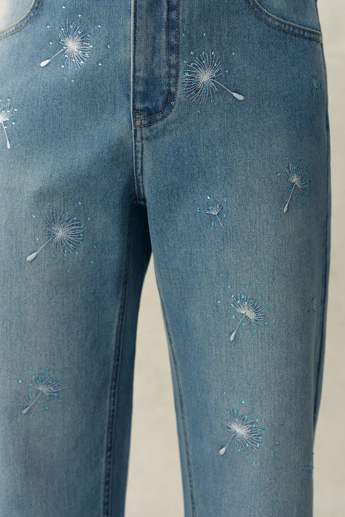 Annette Embroidered Crystal Embellished Dandelion Cropped Straight Leg Jeans in Stretch Cotton Denim - Image 5
