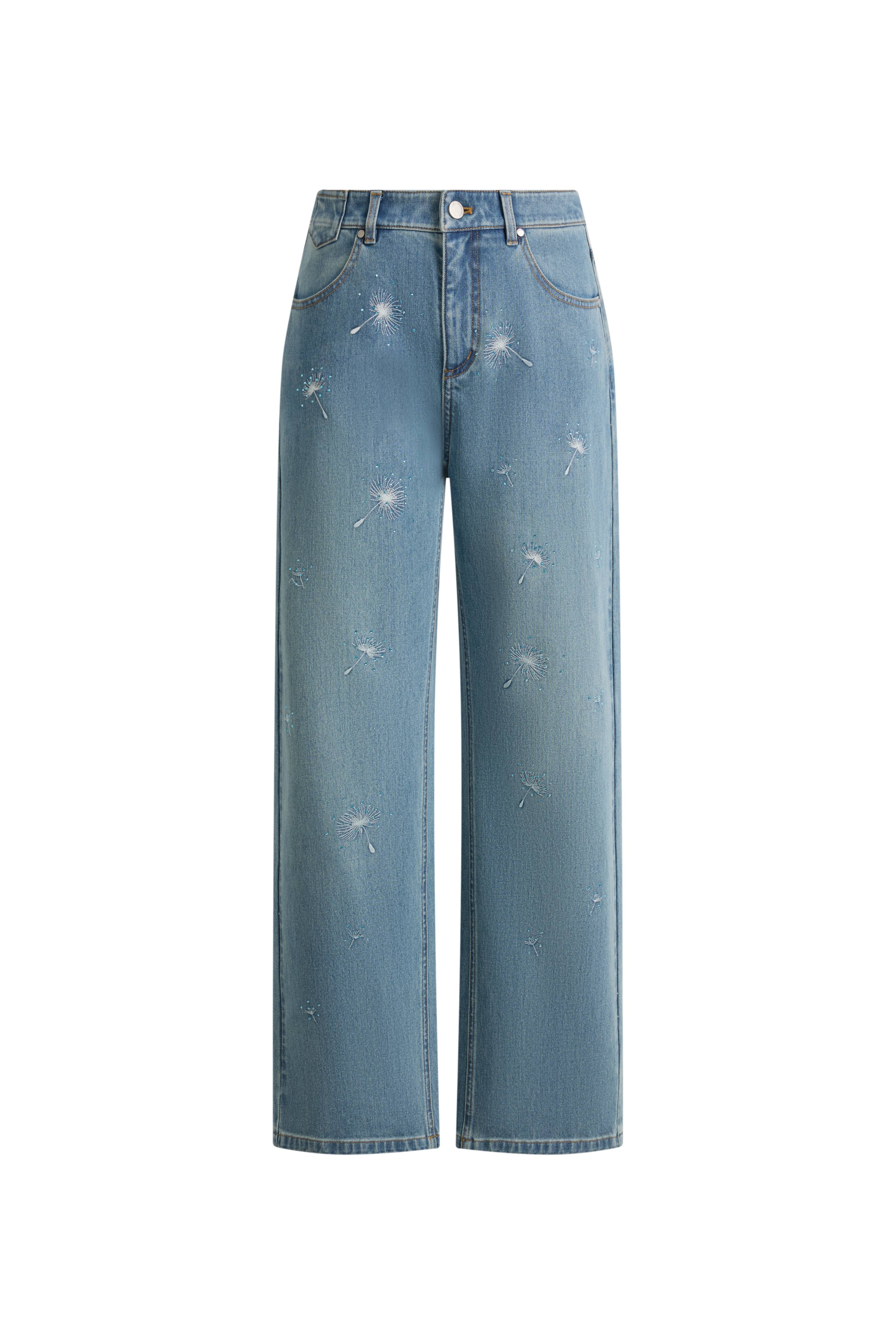 Annette Embroidered Crystal Embellished Dandelion Cropped Straight Leg Jeans in Stretch Cotton Denim - Image 6