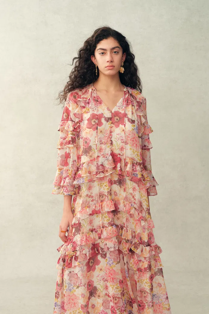 Annette Tiered Ruffle Hand-Painted Print Dress in Sheer Chiffon - Image 6