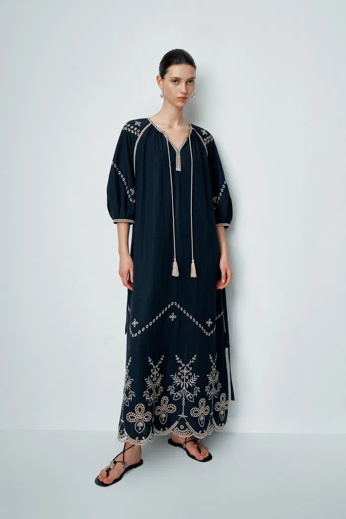 Antonia Embroidered Robe Dress in Linen Blend - Image 3