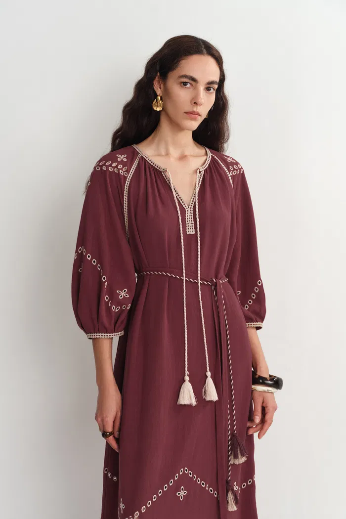 Antonia European Inspired Openwork Embroidery Maxi Dress in Linen Viscose Blend - Image 3