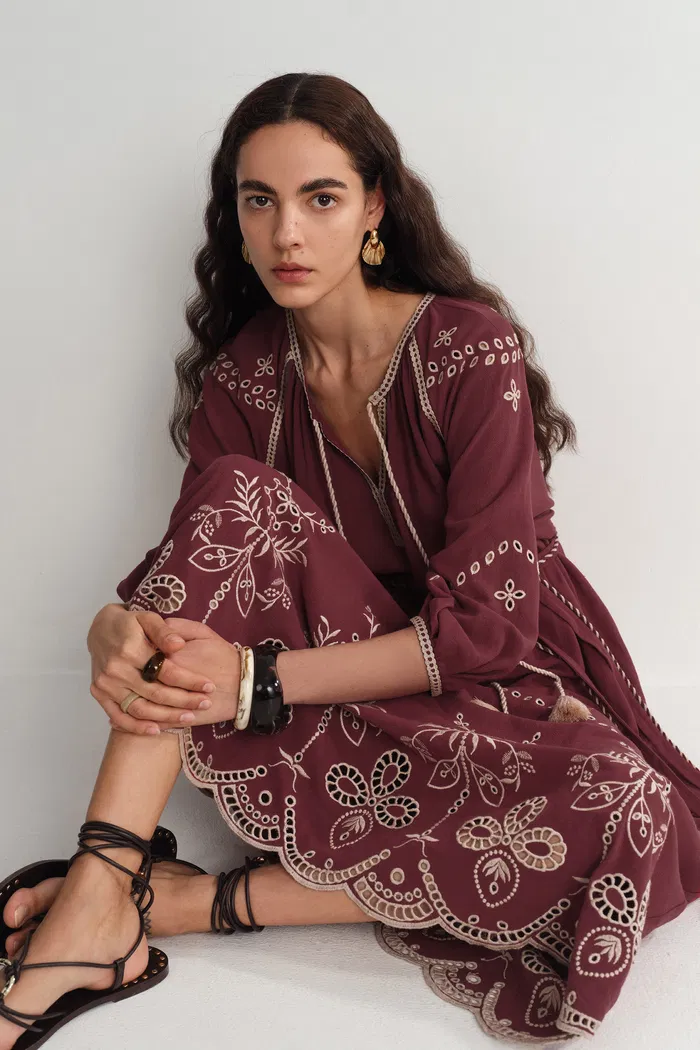 Antonia European Inspired Openwork Embroidery Maxi Dress in Linen Viscose Blend - Image 4