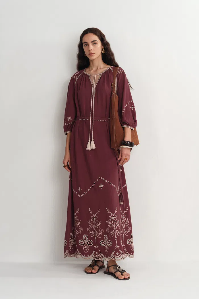 Antonia European Inspired Openwork Embroidery Maxi Dress in Linen Viscose Blend - Image 6
