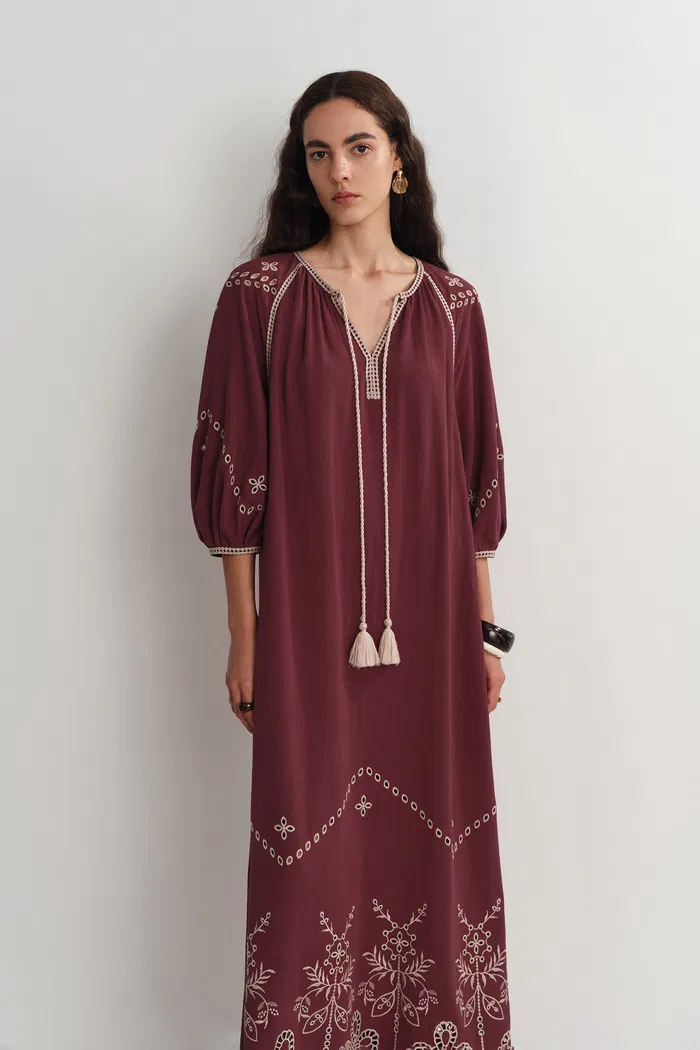 Antonia European Inspired Openwork Embroidery Maxi Dress in Linen Viscose Blend - Image 7