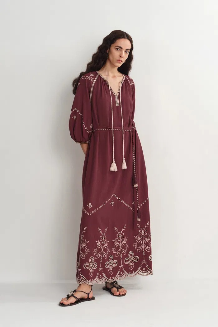 Antonia European Inspired Openwork Embroidery Maxi Dress in Linen Viscose Blend - Image 8