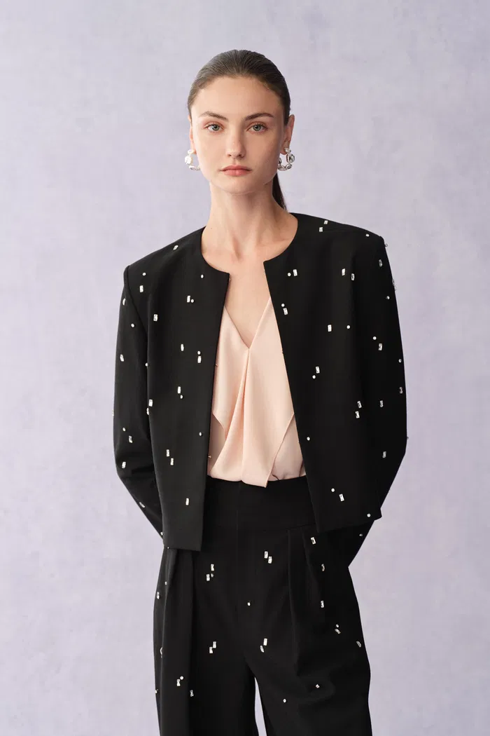 Aquila Hand Sewn Rhinestone Crop Suit Blazer in Fine Wool Suiting - Image 2