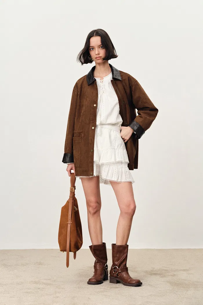 Arden Adjustable Drawstring Leather Jacket in Faux Suede - Image 4