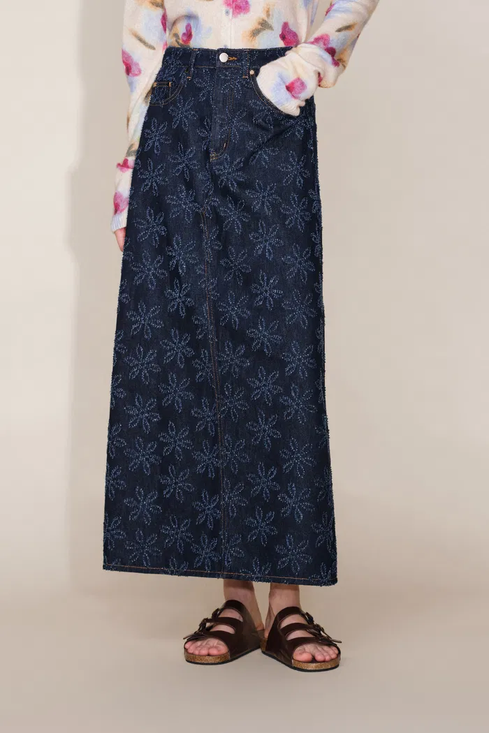 Ari Flora Maxi Skirt in Cotton Jacquard Denim - Image 4
