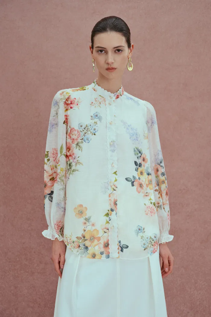 Ariel Flora Blouse and Short Matching Set in Silk-Linen Blend - Image 4