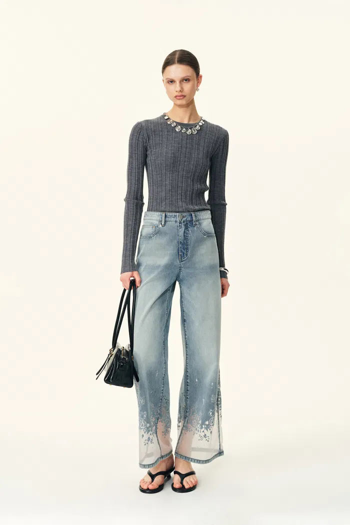 Ariel Straight Cropped Jeans in Transparent Burnout Denim - Image 2