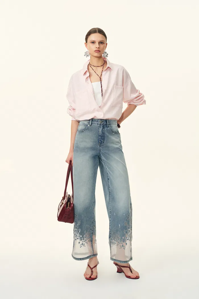Ariel Straight Cropped Jeans in Transparent Burnout Denim - Image 3