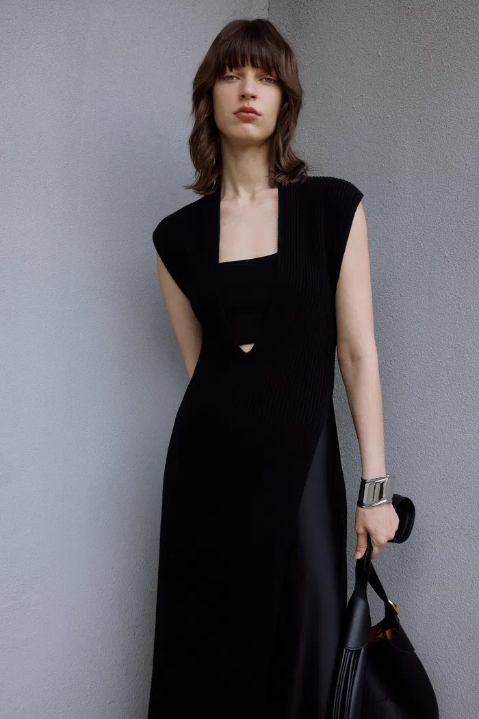 Astoria Low Slit Sleeveless Dress in Wool Blend Knit - Image 5