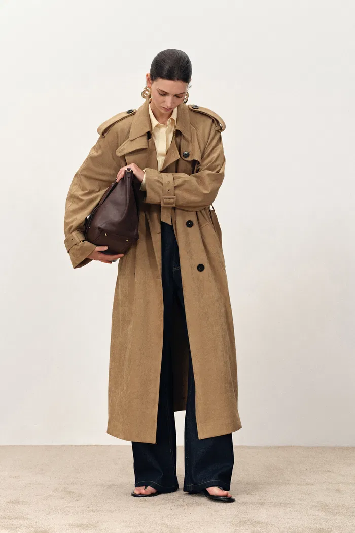 Astrid Detachable Epaulette Trench Coat in Faux Suede - Image 4