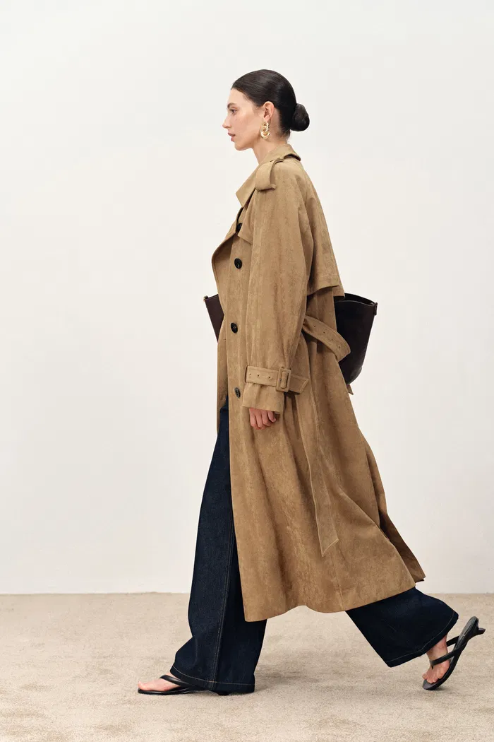 Astrid Detachable Epaulette Trench Coat in Faux Suede - Image 5