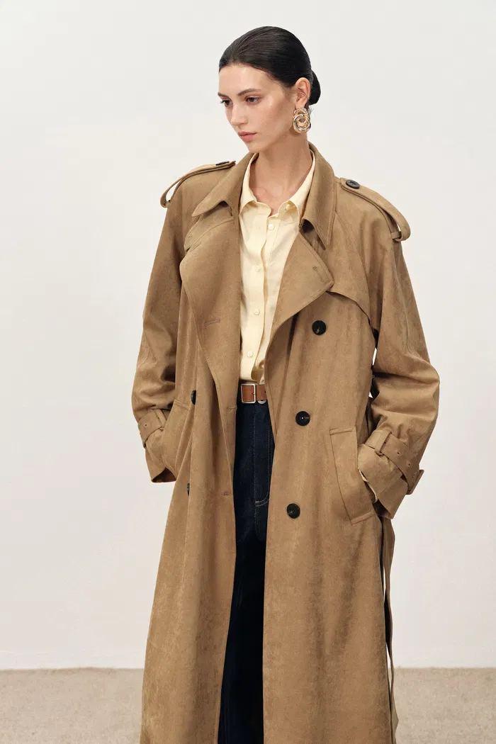 Astrid Detachable Epaulette Trench Coat in Faux Suede - Image 6