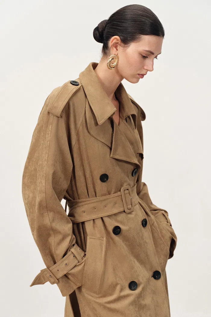 Astrid Detachable Epaulette Trench Coat in Faux Suede - Image 7