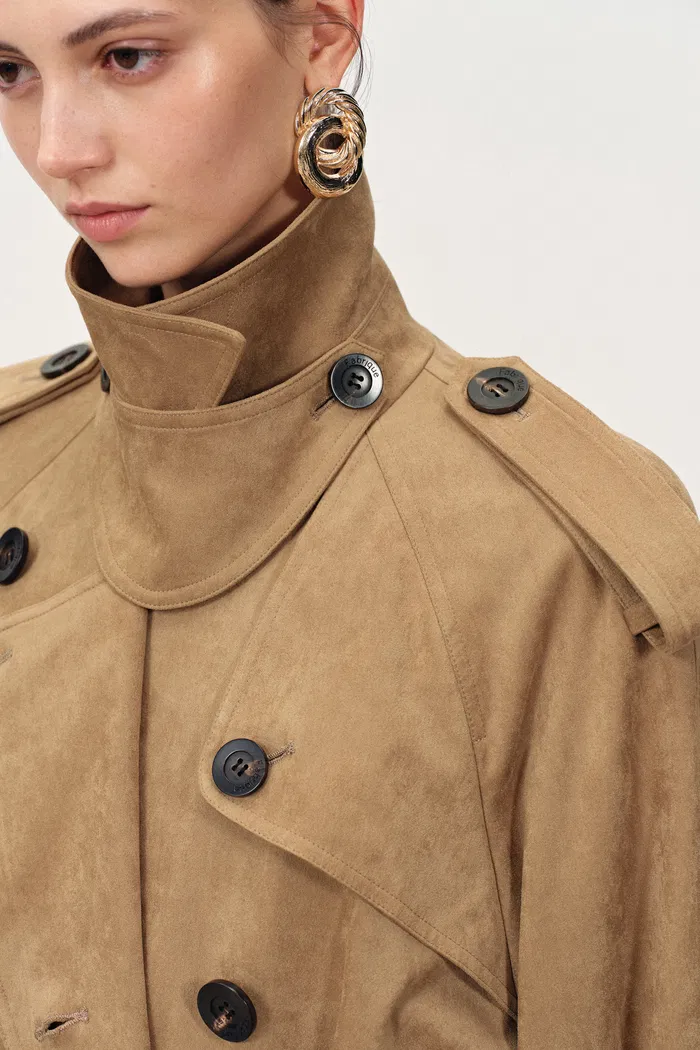 Astrid Detachable Epaulette Trench Coat in Faux Suede - Image 8
